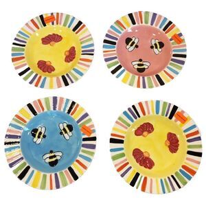 Set 4 Piece Salad Dessert Plates Daisies Bees Pink Yellow Blue Floral Rainbow 8"